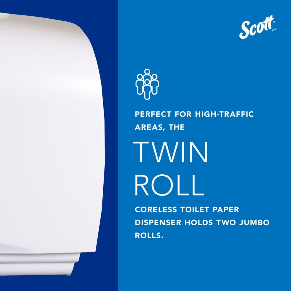Scott® Essential™ Coreless Jumbo Roll Toilet Paper Dispenser (09609), 2 Roll Capacity, White, 20.1" x 10.9" x 5.9" (Qty 1) - 09609
