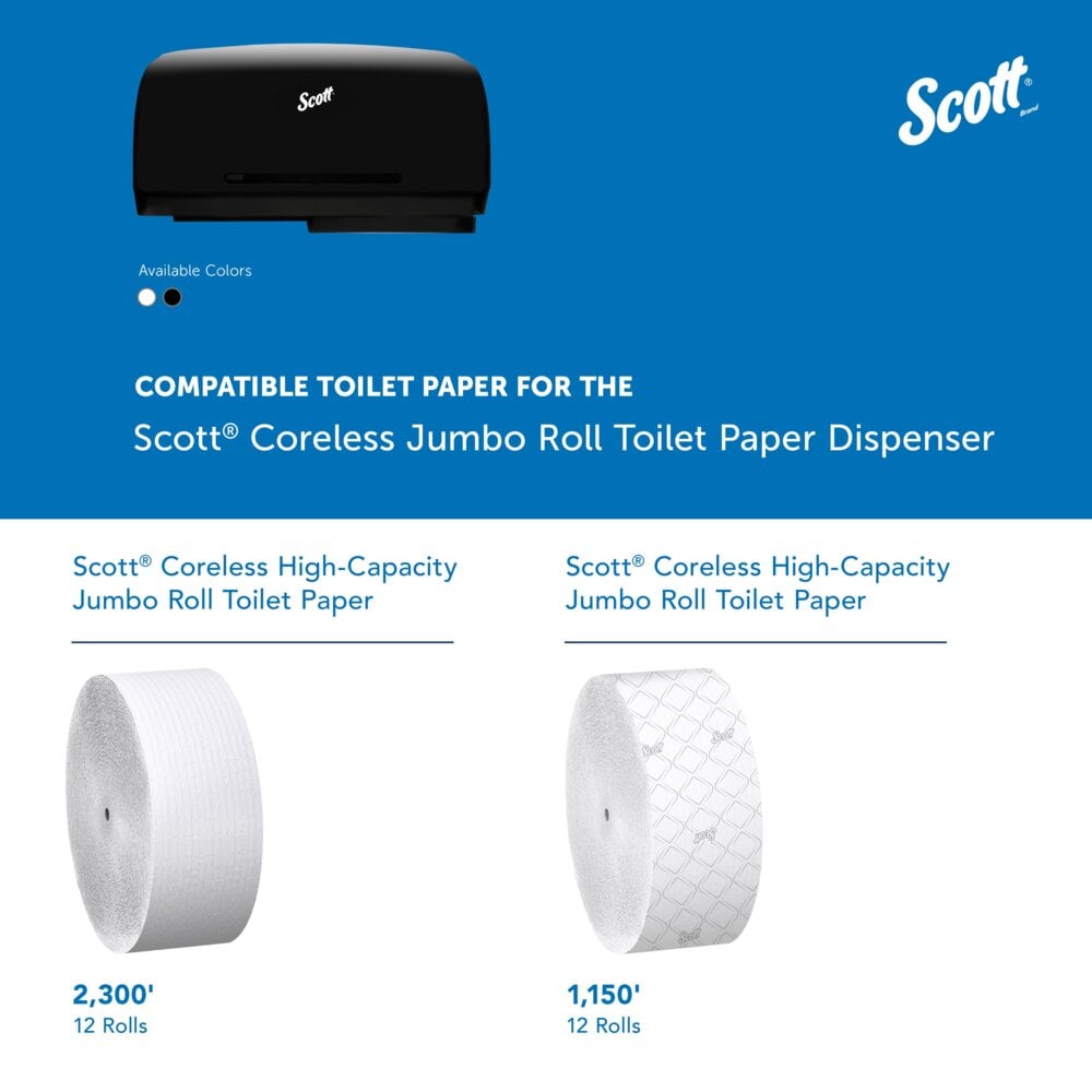 Scott® Essential™ Coreless Jumbo Roll Toilet Paper Dispenser (09608), 2 Roll Capacity, Black, 20.1" x 10.9" x 5.9" (Qty 1) - 09608
