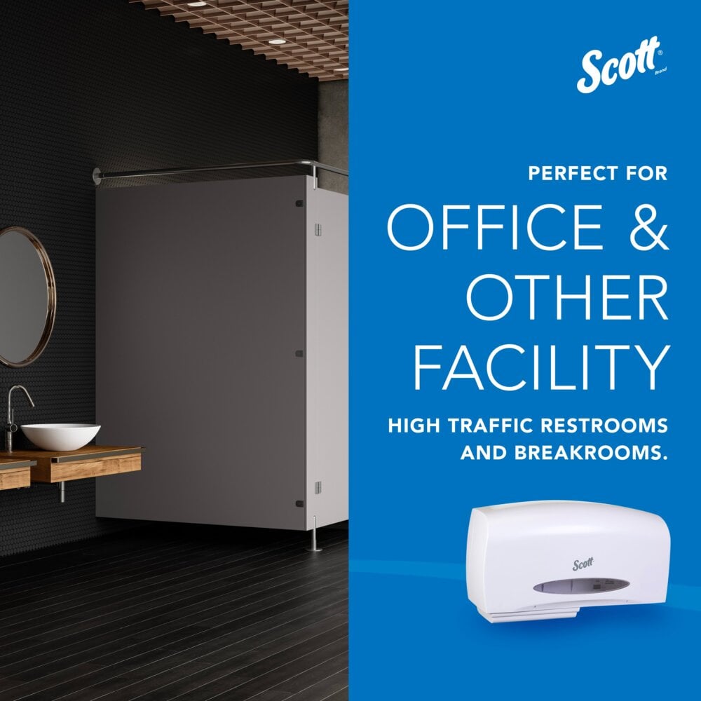 Scott® Essential™ Coreless Jumbo Roll Toilet Paper Dispenser (09609), 2 Roll Capacity, White, 20.1" x 10.9" x 5.9" (Qty 1) - 09609