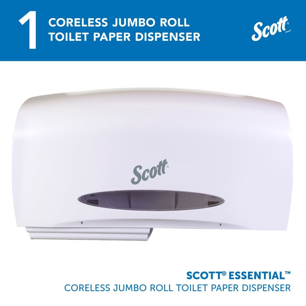 Scott® Essential™ Coreless Jumbo Roll Toilet Paper Dispenser (09609), 2 Roll Capacity, White, 20.1" x 10.9" x 5.9" (Qty 1) - 09609