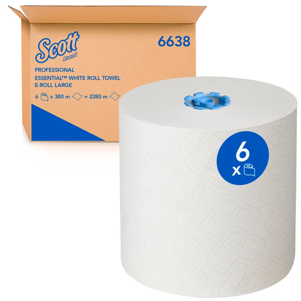 Scott® Essential™ Rollenhandtücher 6638 – E-Roll Papierhandtuch-Großrolle – 6 x 380 m weiße Papierhandtuchrollen (insg. 2.280 m) - 6638