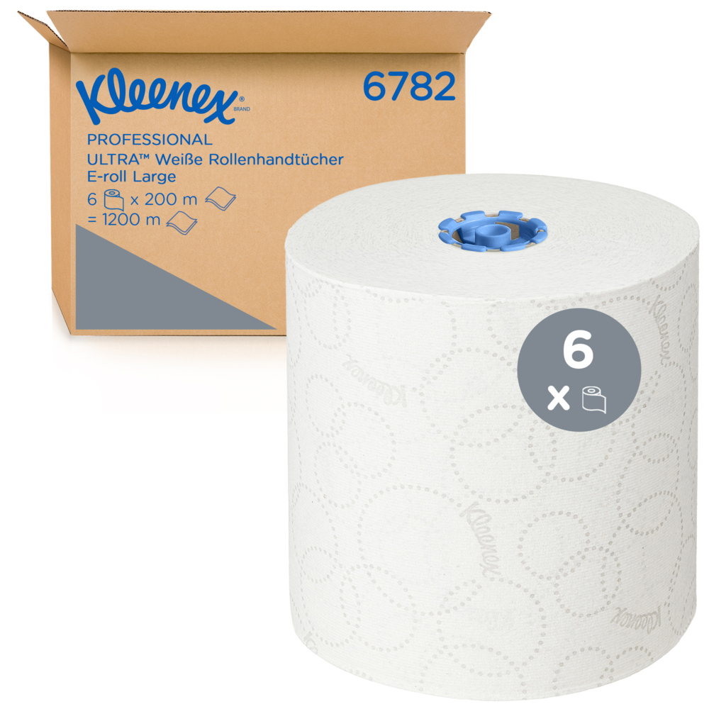 Rouleaux d'essuie-mains Kleenex® Ultra™ 6782 - rouleaux d'essuie-mains en papier E-Roll 2 plis grand format - 6 x rouleaux de 200 m d'essuie-mains en papier blanc (1 200 m au total) - 6782