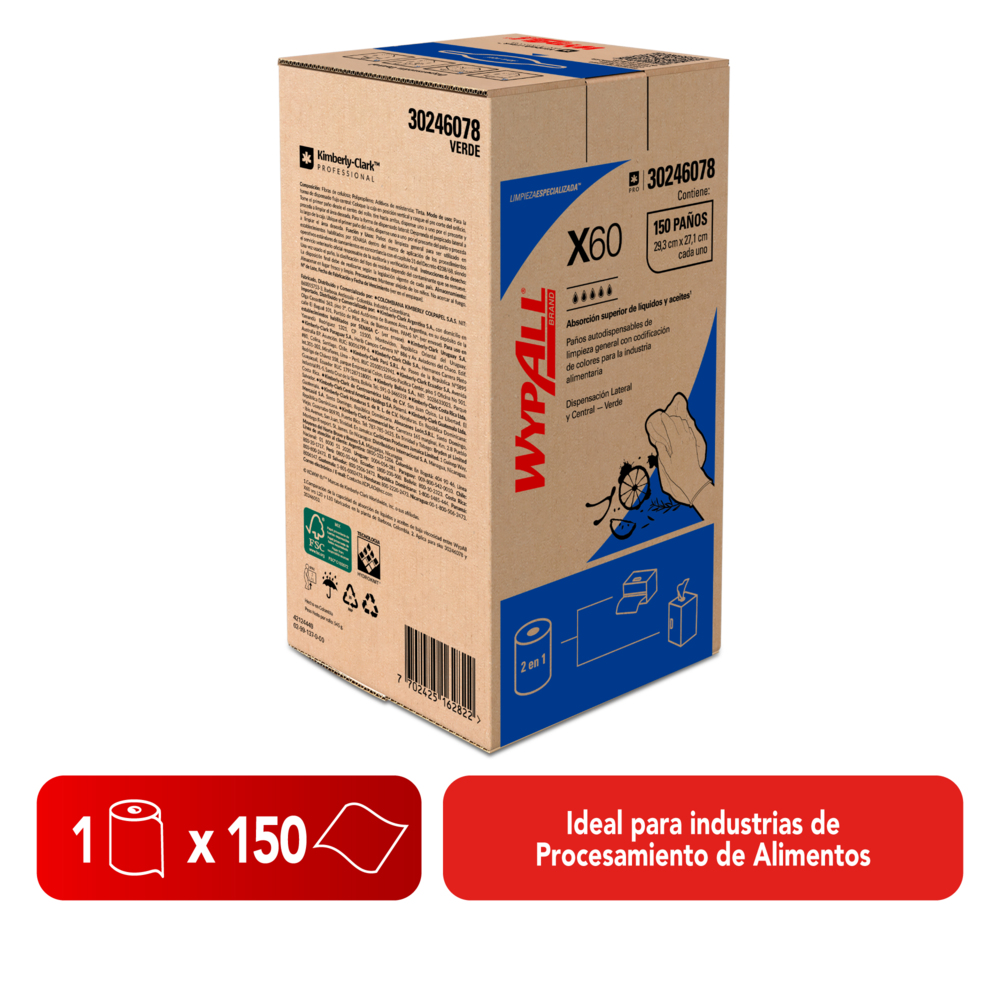 WypAll® Paños de limpieza X60 Rollo Regular, 30246078, Paños de Limpieza, 6 unidades de 150 paños cada una por bolsa (900 paños en total) - S063975239