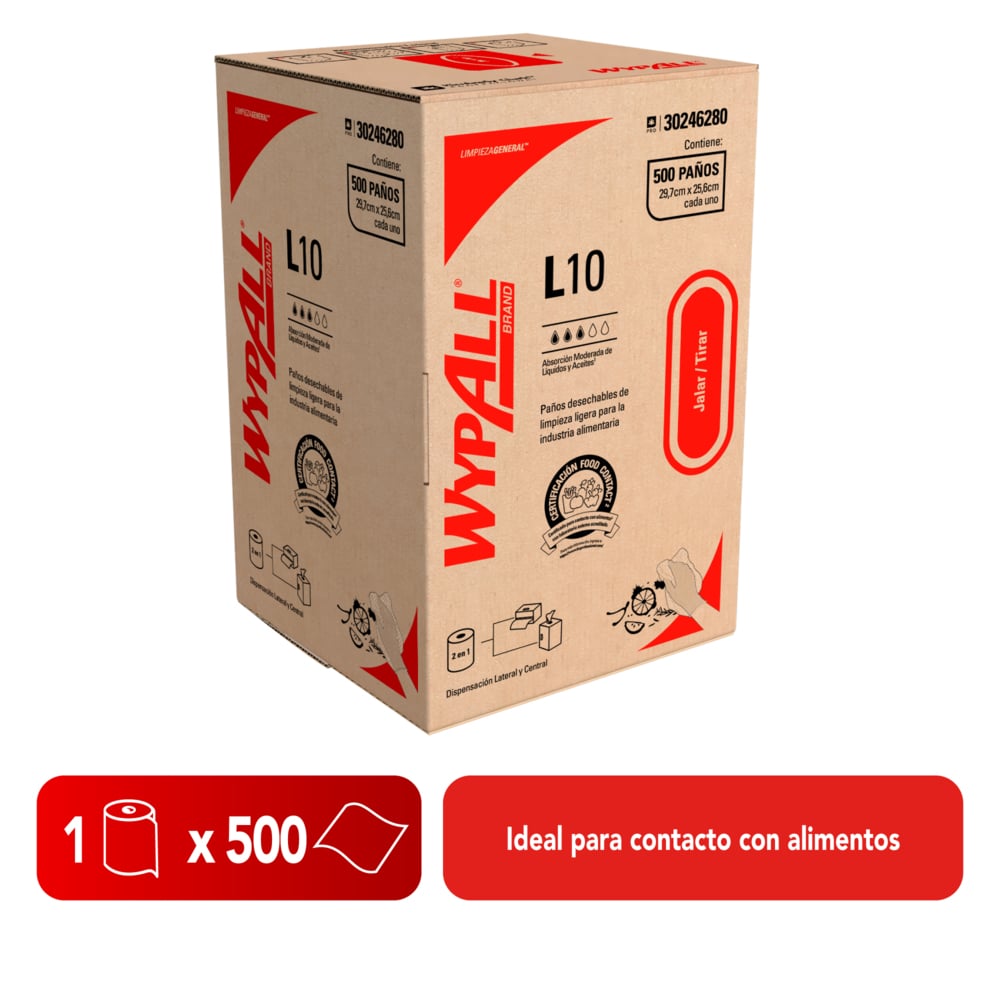 WypAll® Paños de limpieza L10 Rollo Regular Food Contact 30246280, Paños de Limpieza, 6 unidades x 500 paños cada una (3000 paños en total) - S064078371