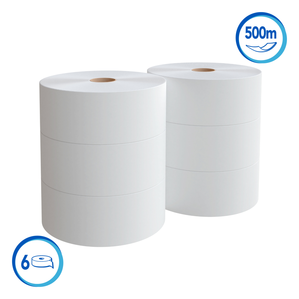 Scott® Basic Papel Higiénico en Rollo 30228820 - Hoja Sencilla - 500m/Rollo, 6 Rollos/Caja (3000m) - S050068279