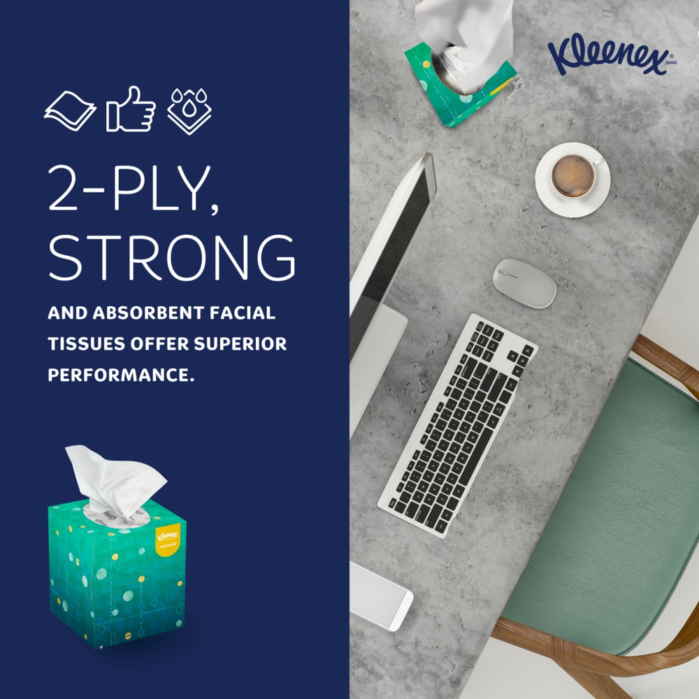 Kleenex® Naturals Facial Tissue with Plastic Free Eco Packaging (56027), 2-Ply, White, Upright Facial Tissue Cube Boxes for Business (90 Tissues/Box, 36 Boxes/Case, 3,240 Tissues/Case) - 56027