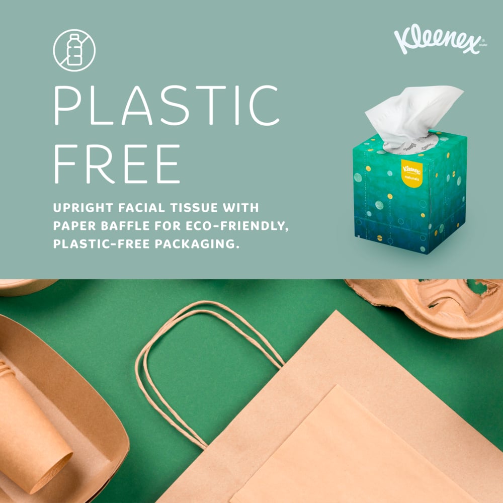 Kleenex® Naturals Facial Tissue with Plastic Free Eco Packaging (56027), 2-Ply, White, Upright Facial Tissue Cube Boxes for Business (90 Tissues/Box, 36 Boxes/Case, 3,240 Tissues/Case) - 56027