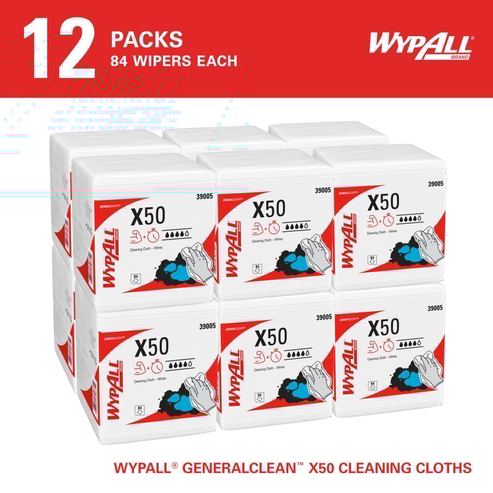 WypAll® GeneralClean™ X50 Cleaning Cloths (39005), Quarterfold, Strong for Extended Use, White (84 Sheets/Box, 12 Boxes/Case, 1,008 Sheets/Case) - 39005