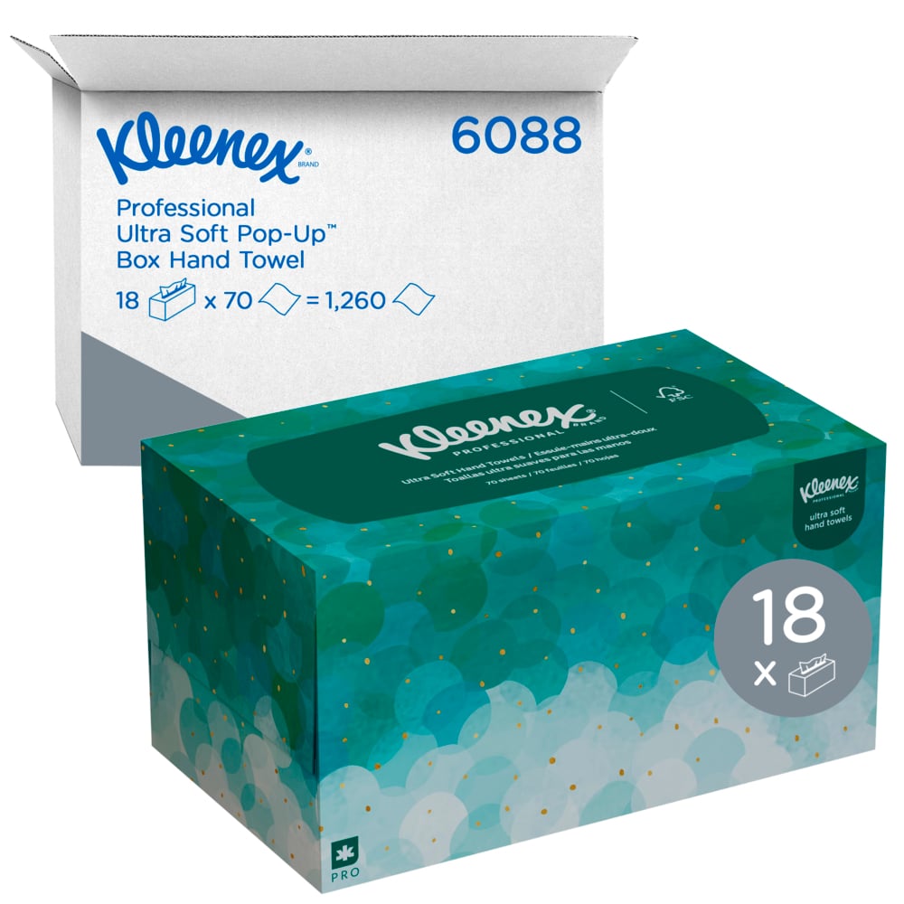 Kleenex® Papierhandtücher 6088 - 18 Kleenex Boxen x 70 Ultra Soft Pop-Up Falthandtücher - weiß, 1-lagig - 6088