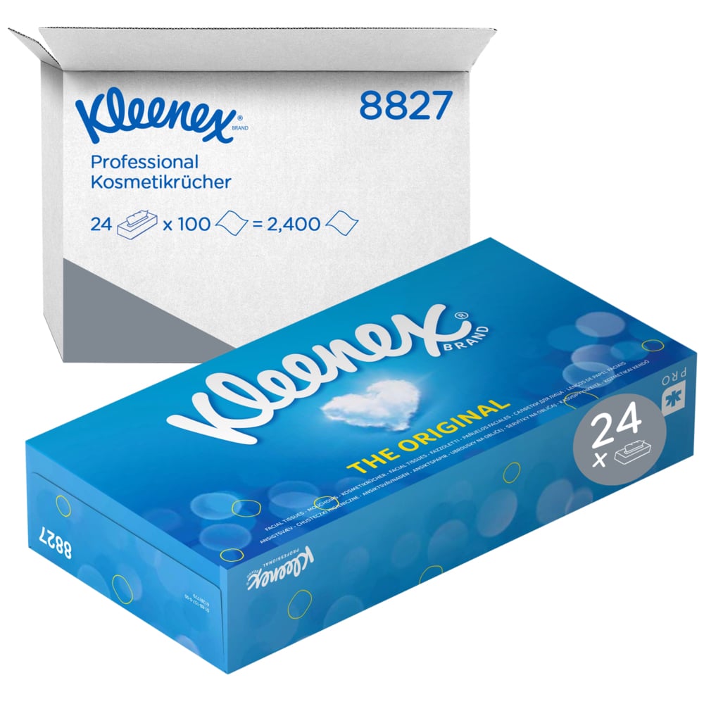Kleenex® Caja de Pañuelos 8827, 24 Paquetes de 100 hojas, 2 Capas, Suaves y Resistentes, Sin Fragancia, Color: Blanco - 8827