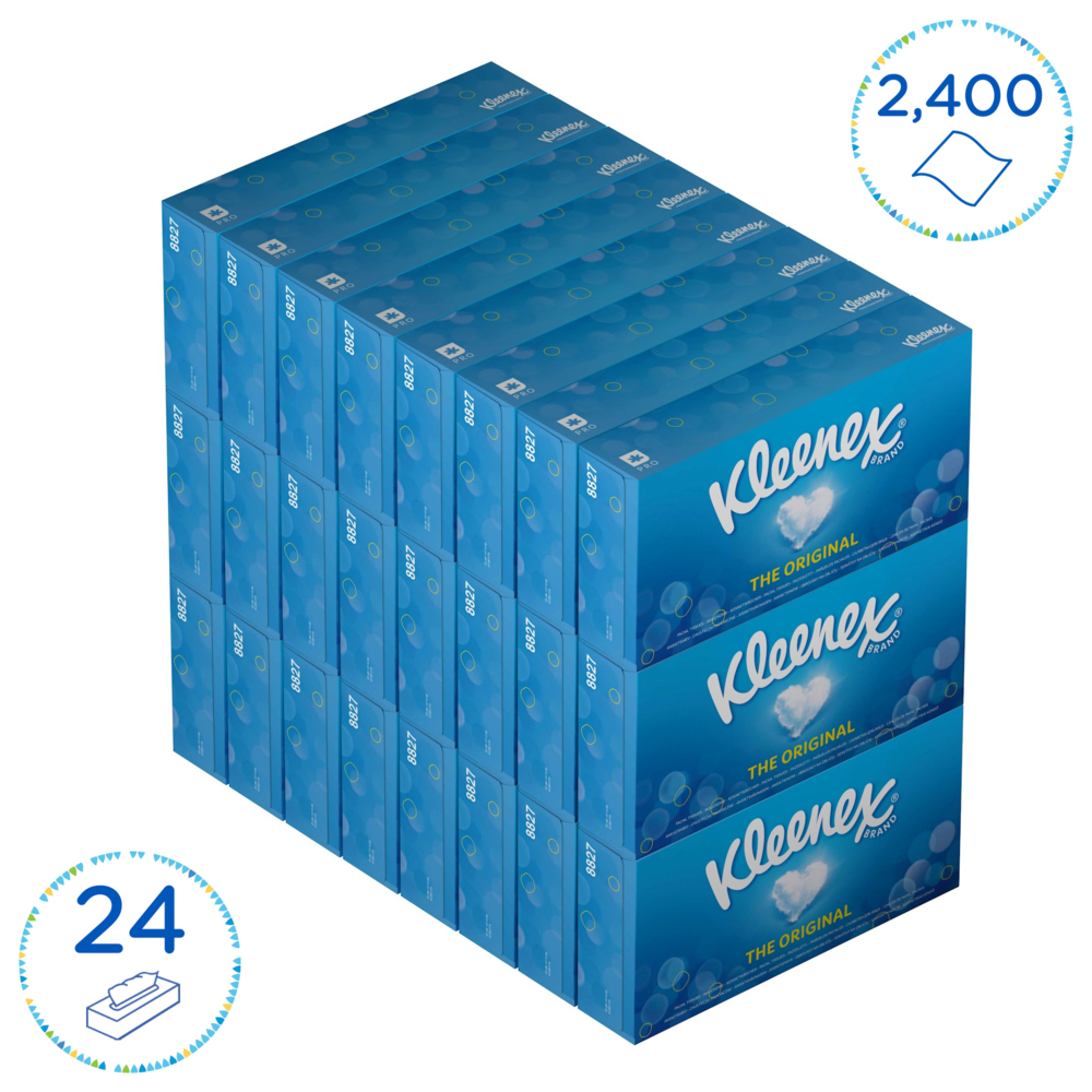 Kleenex® Caja de Pañuelos 8827, 24 Paquetes de 100 hojas, 2 Capas, Suaves y Resistentes, Sin Fragancia, Color: Blanco - 8827
