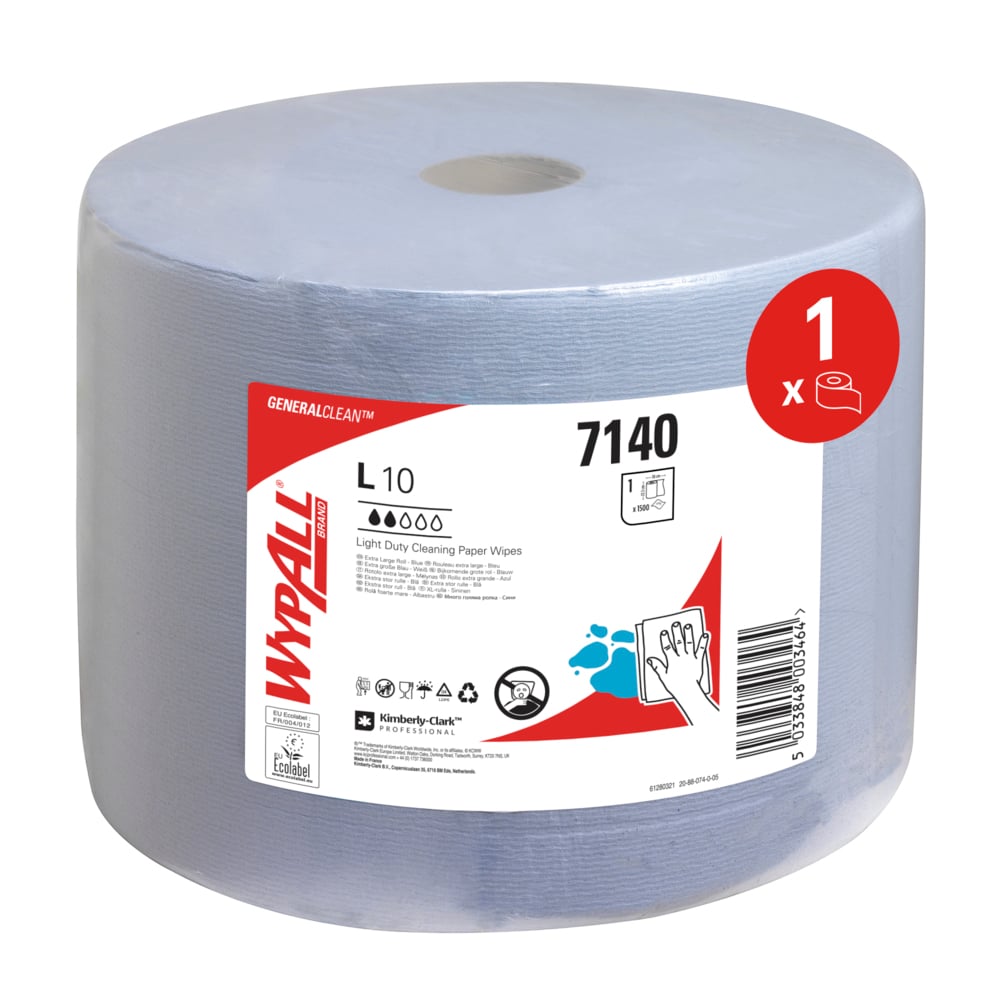WypAll® L10 Extra Poetsdoek Grote rol 7140 - 1 rol x 1500 blauwe, 1-laags doeken - 7140
