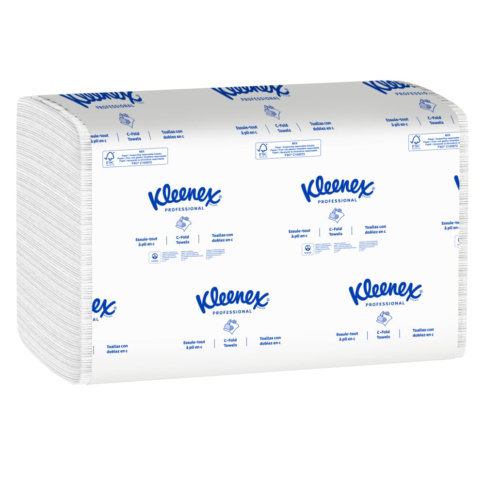 Essuie-mains pliés en C Kleenex® (01500), absorbants, blancs (16 paquets/caisse, 150 feuilles/paquet, 2 400 feuilles/caisse) - 01500