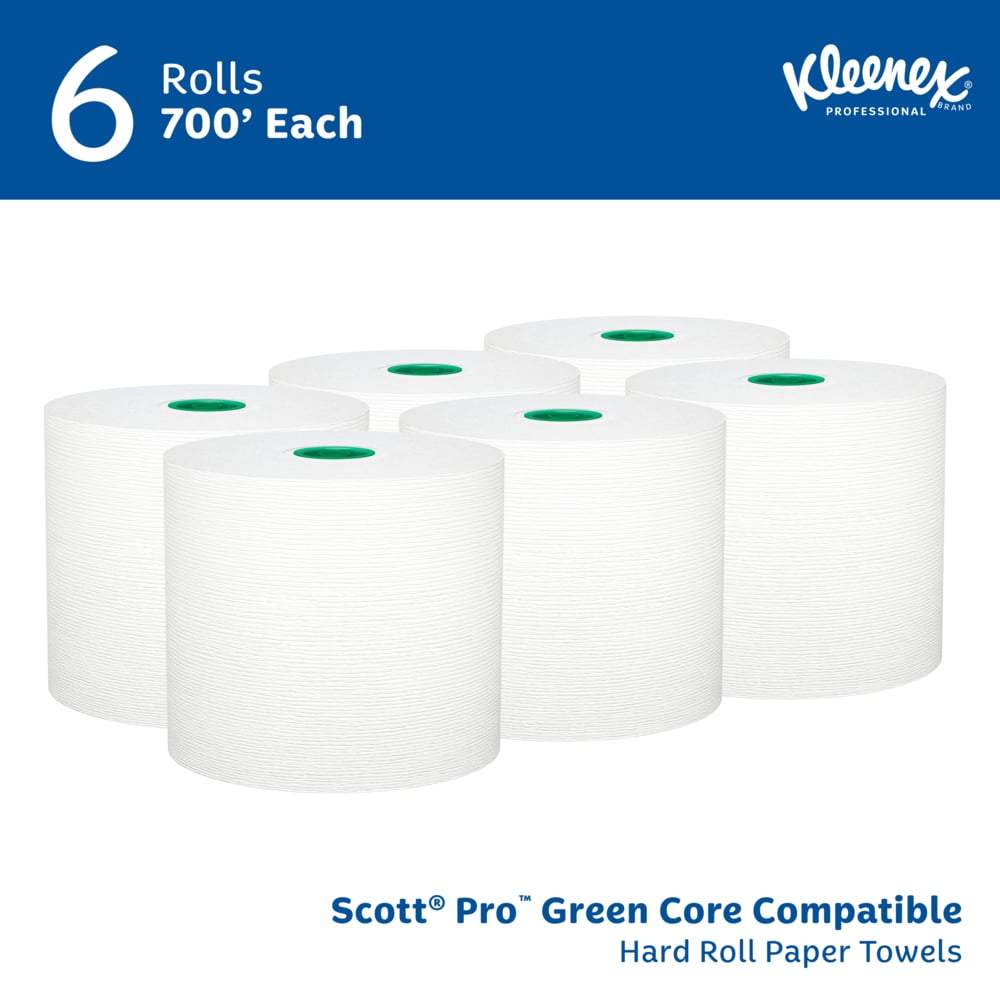 Kleenex® Hard Roll Paper Towels (25630), with Premium Absorbency Pockets™, for Green Core Dispensers, White, (700'/Roll, 6 Rolls/Case, 4,200'/Case) - 25630