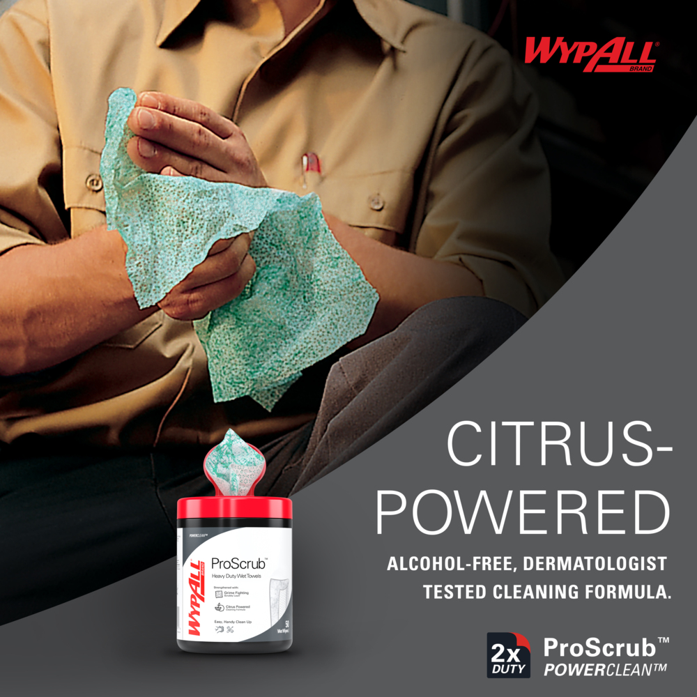 WypAll® PowerClean™ ProScrub™ Heavy Duty Wet Towels (91371), Dual Action Cleaning, Large 9.5" x 12" Wipes, Bucket Included (75 Sheets/Container, 6 Containers/Case, 450 Sheets/Case) - 91371