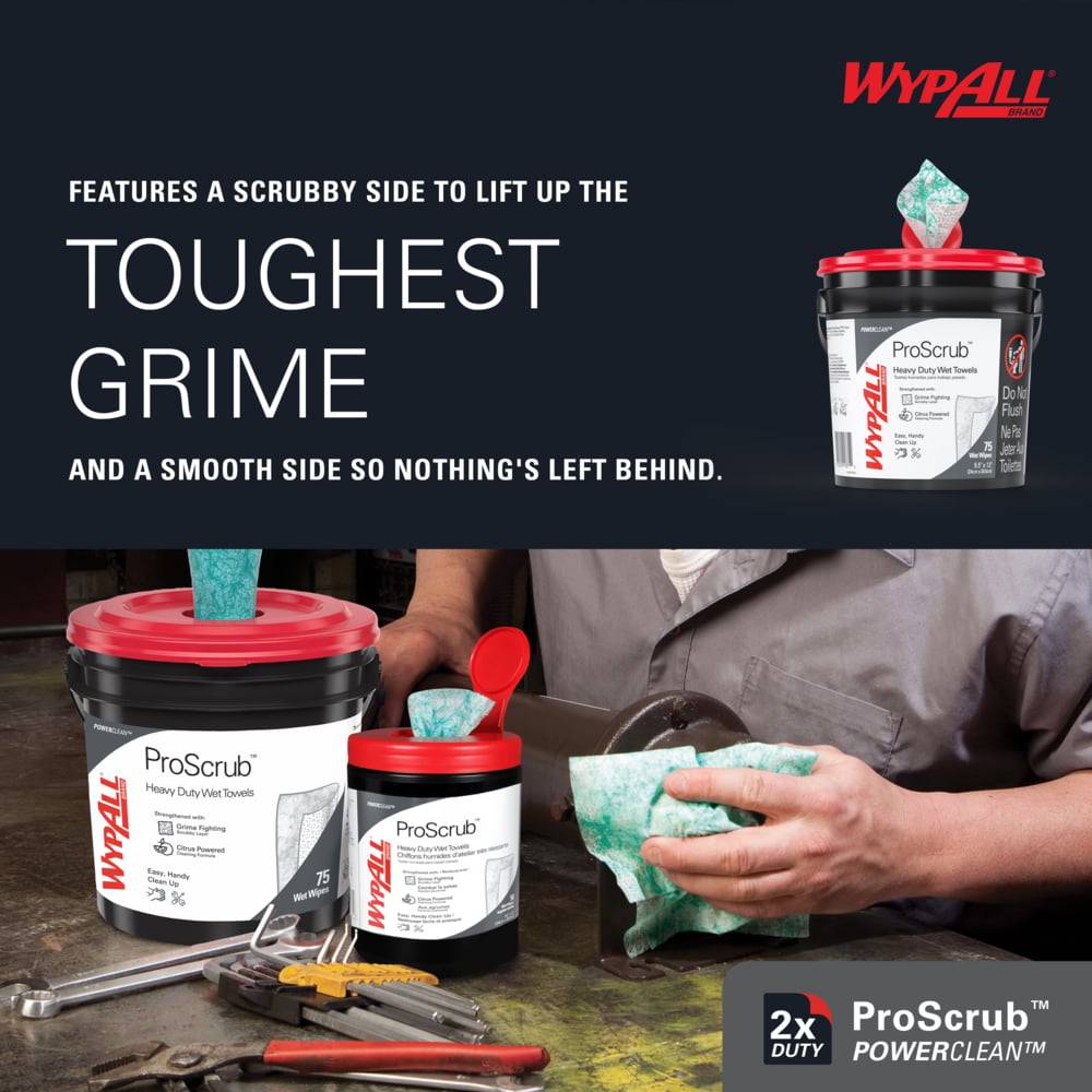 WypAll® PowerClean™ ProScrub™ Heavy Duty Wet Towels (91371), Dual Action Cleaning, Large 9.5" x 12" Wipes, Bucket Included (75 Sheets/Container, 6 Containers/Case, 450 Sheets/Case) - 91371