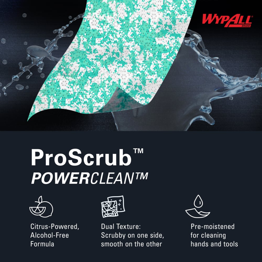 WypAll® PowerClean™ ProScrub™ Heavy Duty Wet Towels (91371), Dual Action Cleaning, Large 9.5" x 12" Wipes, Bucket Included (75 Sheets/Container, 6 Containers/Case, 450 Sheets/Case) - 91371
