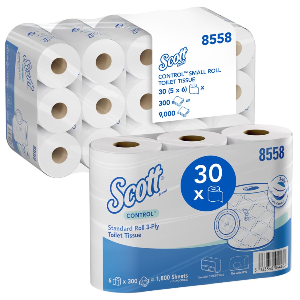 Scott® Control™ Small Roll Toilet Tissue 8558 - 3 Ply Toilet Rolls - 5 Packs of 6 Rolls x 300 Recycled Toilet Paper Sheets (30 Rolls / 9,000 White Sheets Total) - 8558