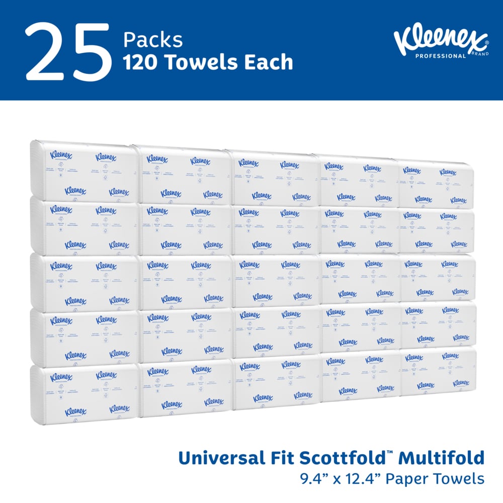 Kleenex® Scottfold™ Multifold Paper Towels (13254), with Fast-Drying Absorbency Pockets™, White, (25 Packs/Case, 120 Sheets/Pack, 3,000 Packs/Case) - 13254