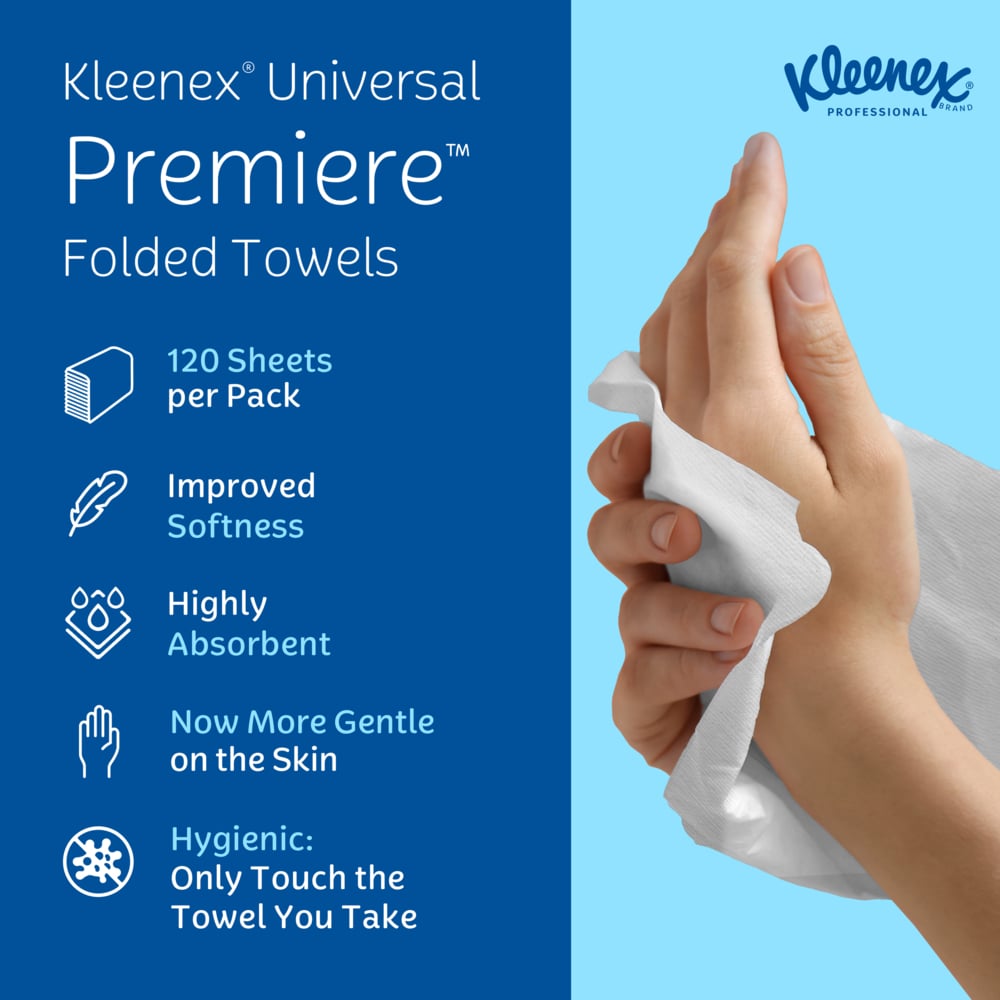 Kleenex® Premiere Folded Towels (13253), with Fast-Drying Absorbency Pockets™, Trifold Towels, White, (25 Packs/Case, 120 Sheets/Pack, 3,000 Packs/Case) - 13253