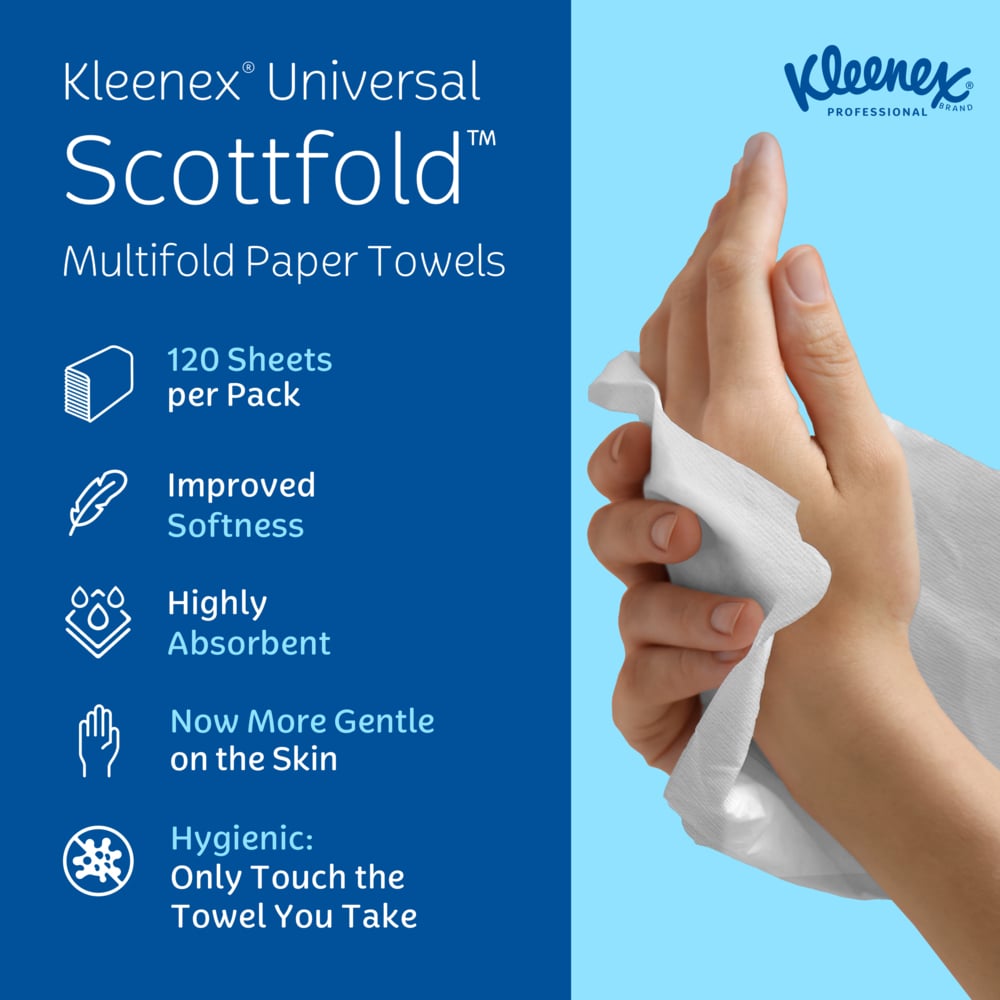 Kleenex® Scottfold™ Multifold Paper Towels (13254), with Fast-Drying Absorbency Pockets™, White, (25 Packs/Case, 120 Sheets/Pack, 3,000 Packs/Case) - 13254