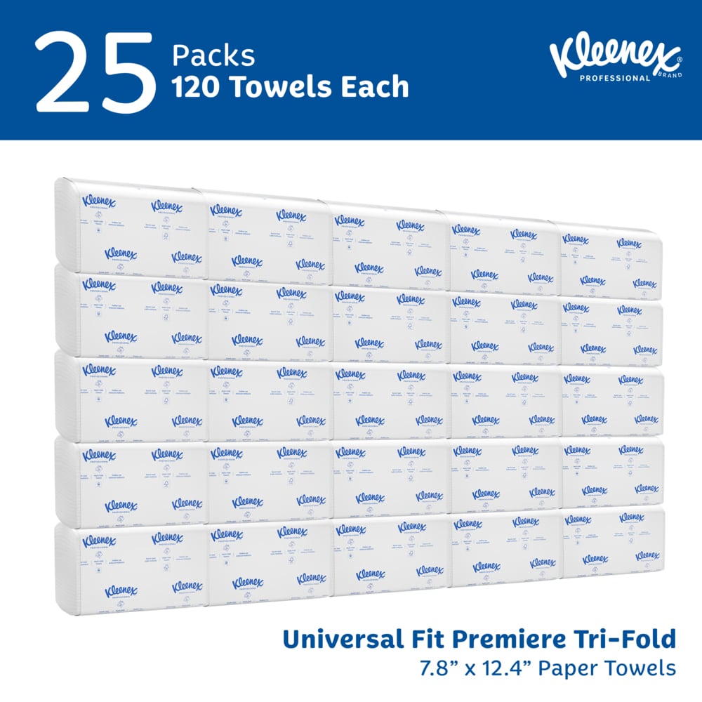 Kleenex® Premiere Folded Towels (13253), with Fast-Drying Absorbency Pockets™, Trifold Towels, White, (25 Packs/Case, 120 Sheets/Pack, 3,000 Packs/Case) - 13253
