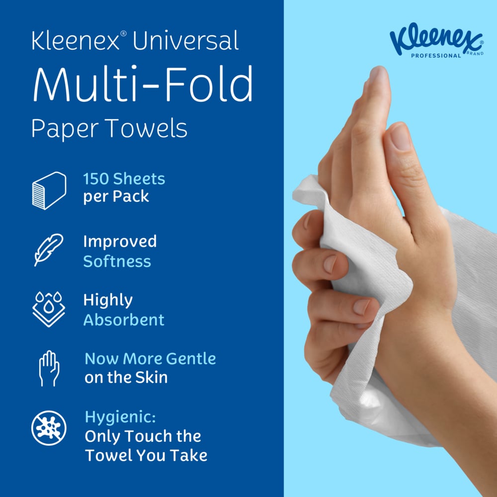 Kleenex® Multifold Paper Towels (02046), 1-Ply, 9.2" x 9.4" sheets, White, (150 Sheets/Pack, 8 Packs/Case, 1,200 Sheets/Case) - 02046