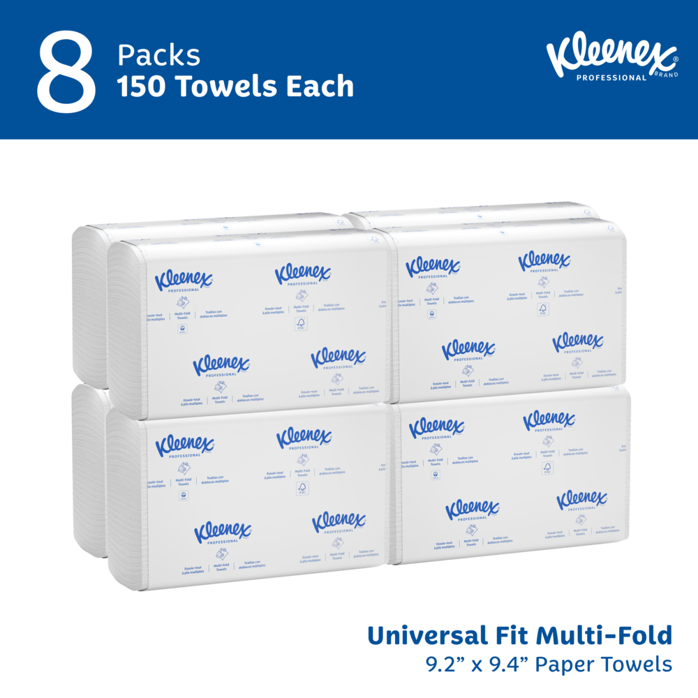 Kleenex® Multifold Paper Towels (02046), 1-Ply, 9.2" x 9.4" sheets, White, (150 Sheets/Pack, 8 Packs/Case, 1,200 Sheets/Case) - 02046