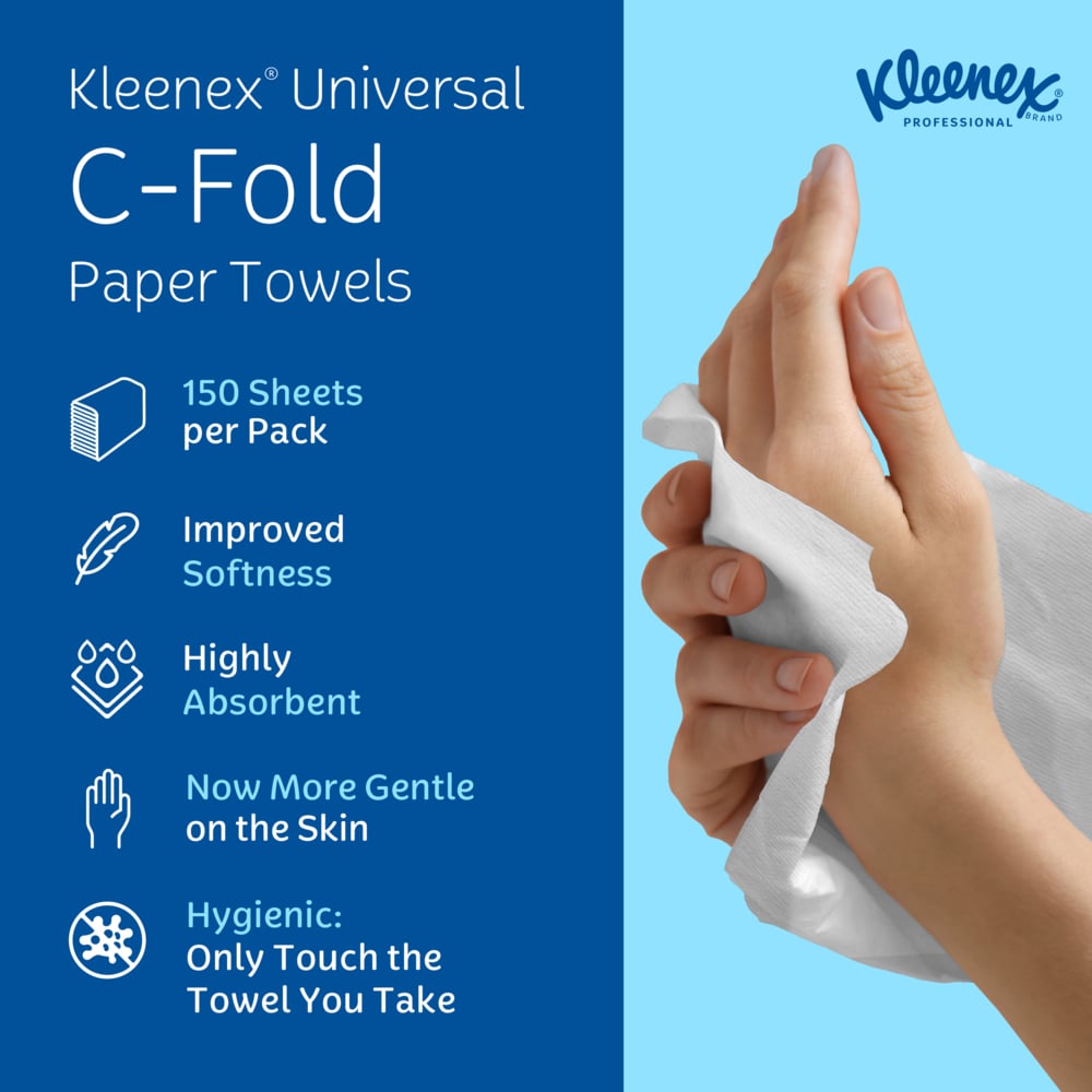 Kleenex® C-Fold Paper Towels (01500), Absorbent, White, (16 Packs/Case, 150 Sheets/Pack, 2,400 Sheets/Case) - 01500