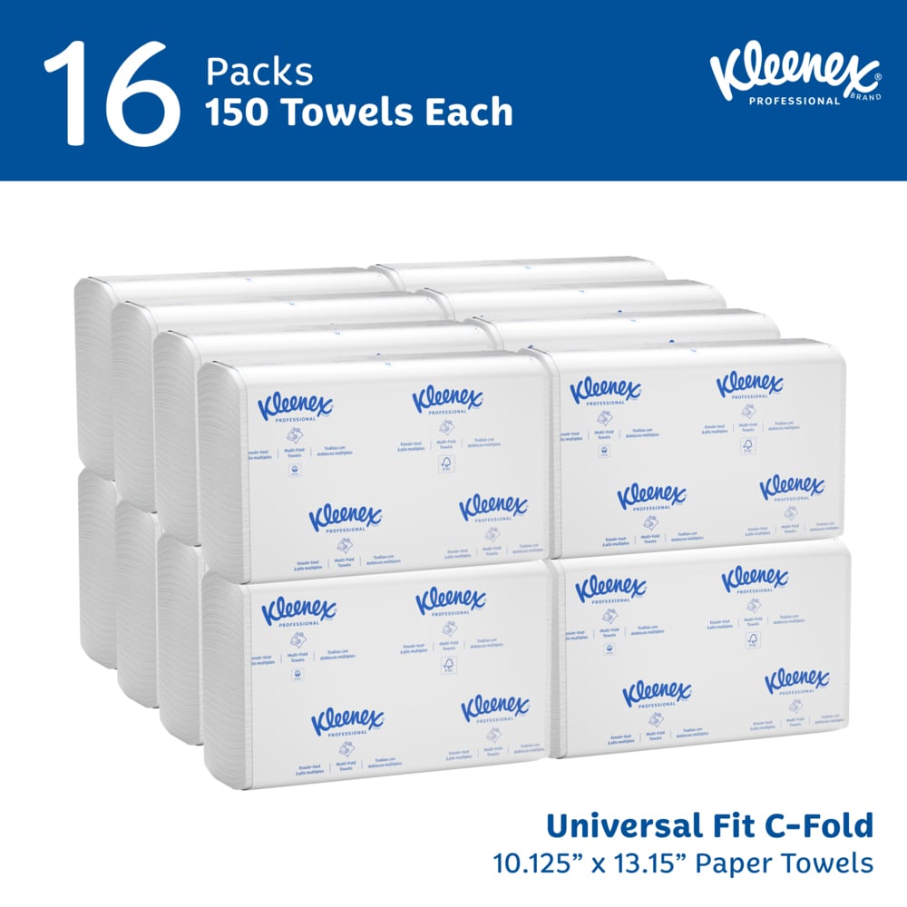 Kleenex® C-Fold Paper Towels (01500), Absorbent, White, (16 Packs/Case, 150 Sheets/Pack, 2,400 Sheets/Case) - 01500