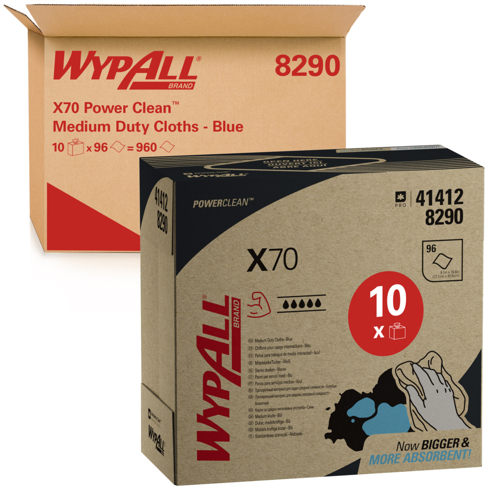 WypAll® X70 Power Clean™ blaue Reinigungstücher 8290 – wiederverwendbare Tücher – 10 POP-UP™-Boxen x 96 saugfähige Tücher, blau (insges. 960)