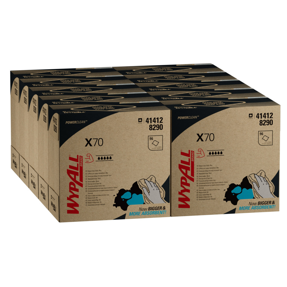 Blauwe WypAll® X70 Power Clean™-poetsdoeken 8290 - herbruikbare poetsdoeken - 10 POP-UP™ Boxes x 96 blauwe, absorberende poetsdoeken (960 in totaal) - 8290