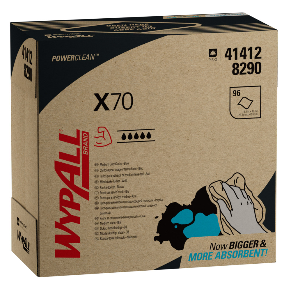 Blauwe WypAll® X70 Power Clean™-poetsdoeken 8290 - herbruikbare poetsdoeken - 10 POP-UP™ Boxes x 96 blauwe, absorberende poetsdoeken (960 in totaal) - 8290