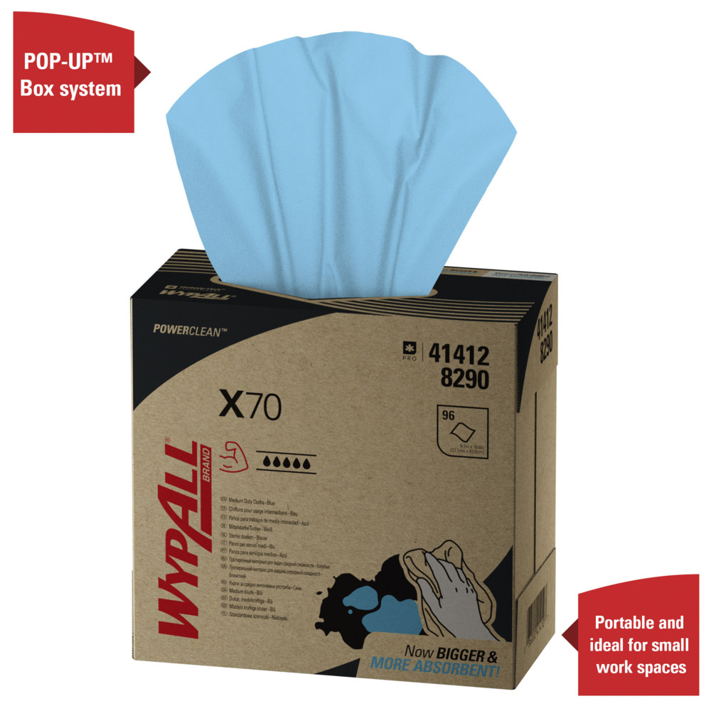 Chiffons de nettoyage bleus WypAll® X70 Power Clean™ 8290 – Chiffons réutilisables – 10 boîtes POP-UP™ de 96 chiffons absorbants bleus (960 au total) - 8290