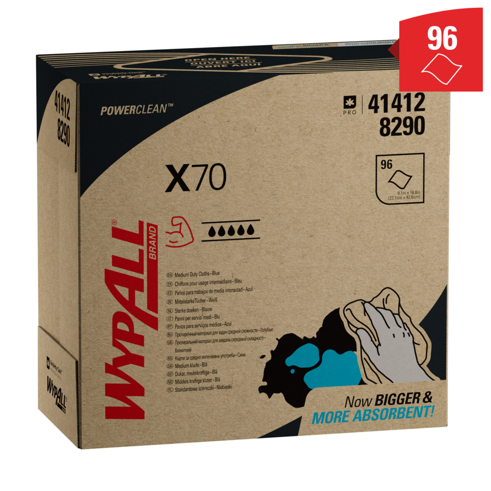 Chiffons de nettoyage bleus WypAll® X70 Power Clean™ 8290 – Chiffons réutilisables – 10 boîtes POP-UP™ de 96 chiffons absorbants bleus (960 au total) - 8290
