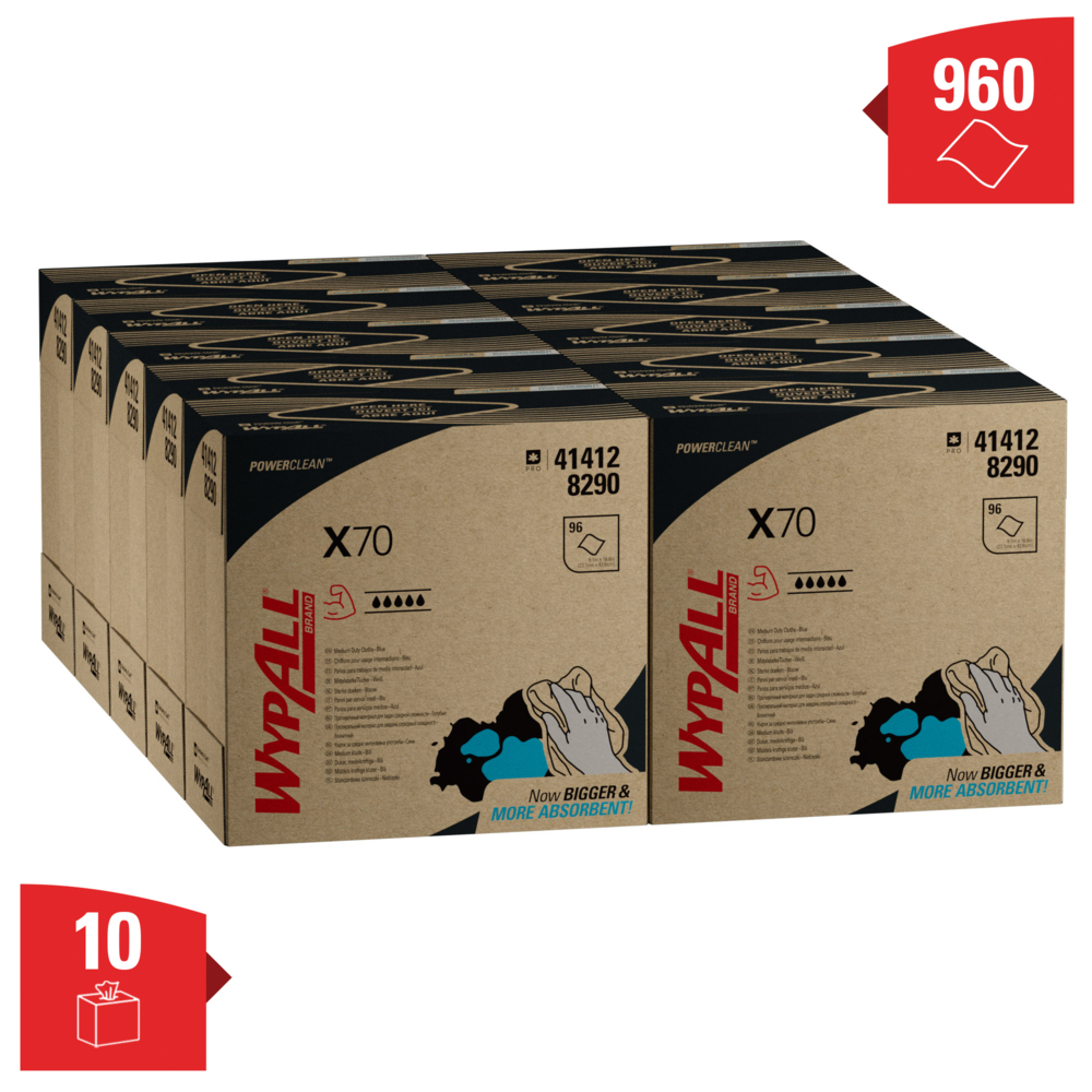 Chiffons de nettoyage bleus WypAll® X70 Power Clean™ 8290 – Chiffons réutilisables – 10 boîtes POP-UP™ de 96 chiffons absorbants bleus (960 au total) - 8290