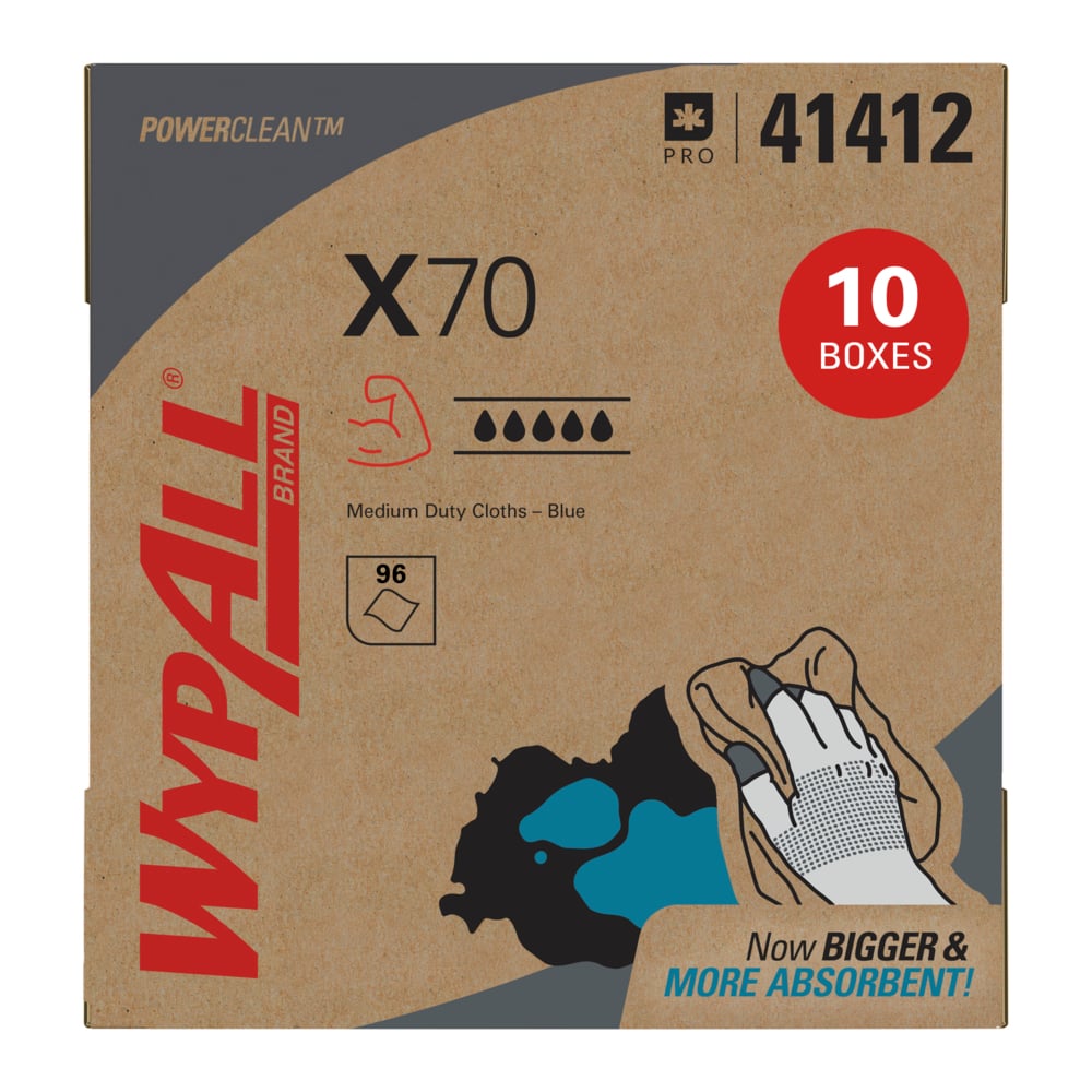WypAll® PowerClean™ X70 Medium Duty Cloths (41412), Pop-Up Box™, Long Lasting Towels, Blue (96 Sheets/Box, 10 Boxes/Case, 960 Sheets/Case) - 41412