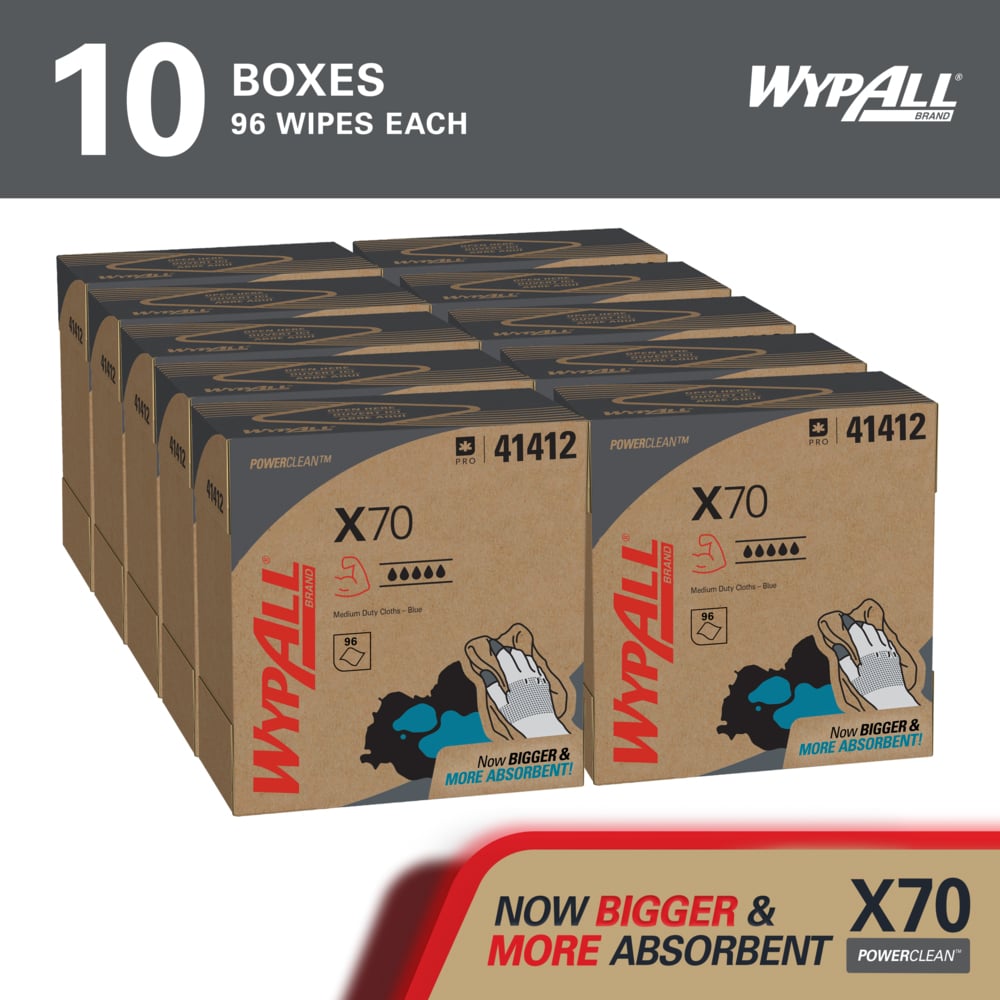 WypAll® PowerClean™ X70 Medium Duty Cloths (41412), Pop-Up Box™, Long Lasting Towels, Blue (96 Sheets/Box, 10 Boxes/Case, 960 Sheets/Case) - 41412