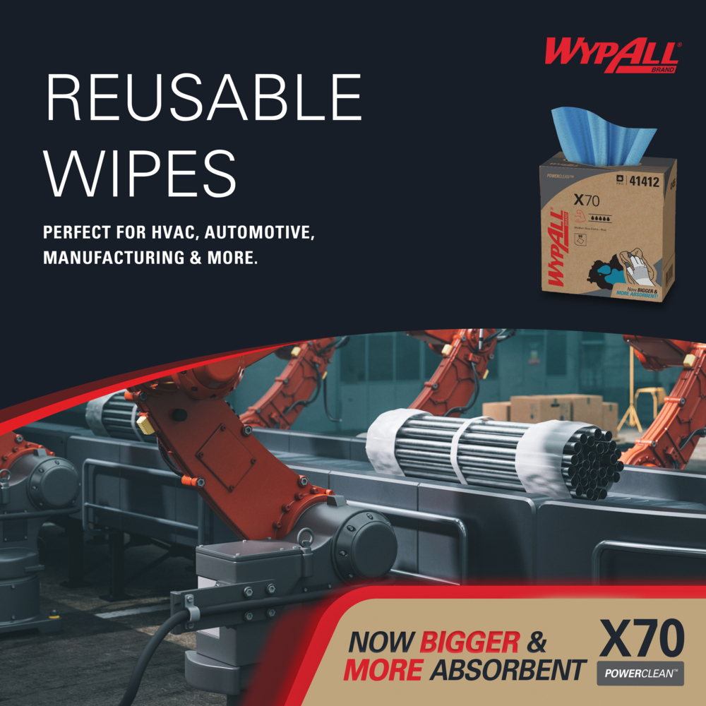 WypAll® PowerClean™ X70 Medium Duty Cloths (41412), Pop-Up Box™, Long Lasting Towels, Blue (96 Sheets/Box, 10 Boxes/Case, 960 Sheets/Case) - 41412