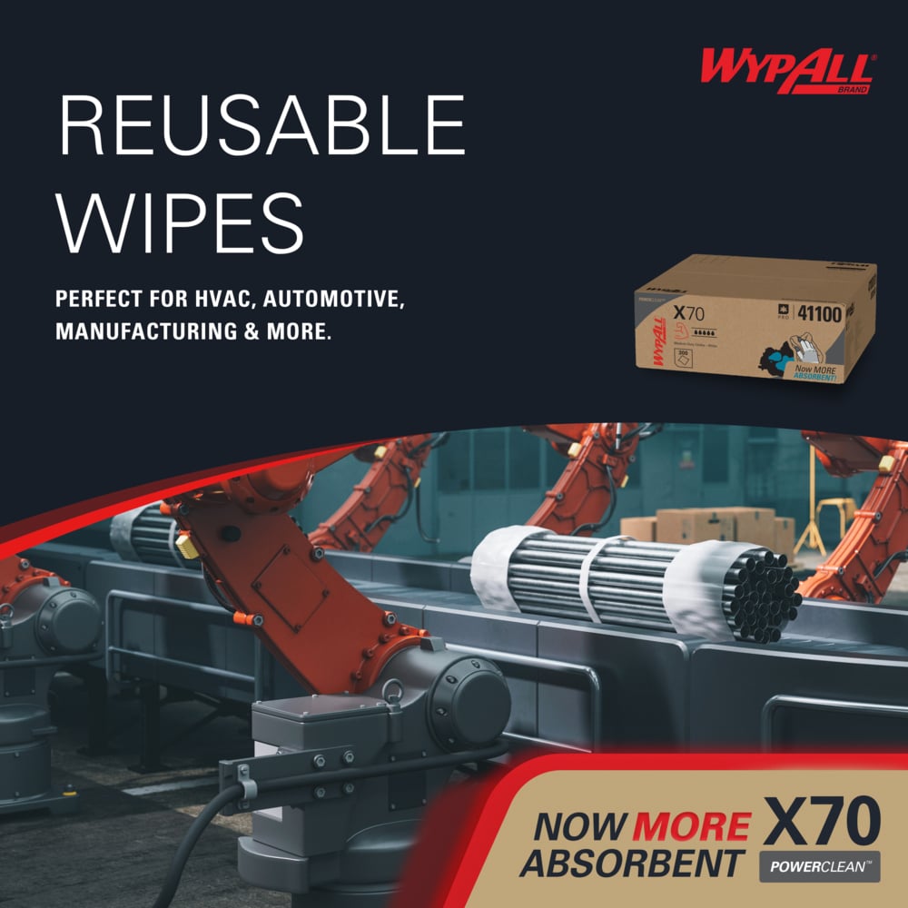 WypAll® PowerClean™ X70 Medium Duty Cloths (41100), Flat Sheets, Long Lasting Towels, White (300 Sheets/Box, 1 Box/Case, 300 Sheets/Case) - 41100