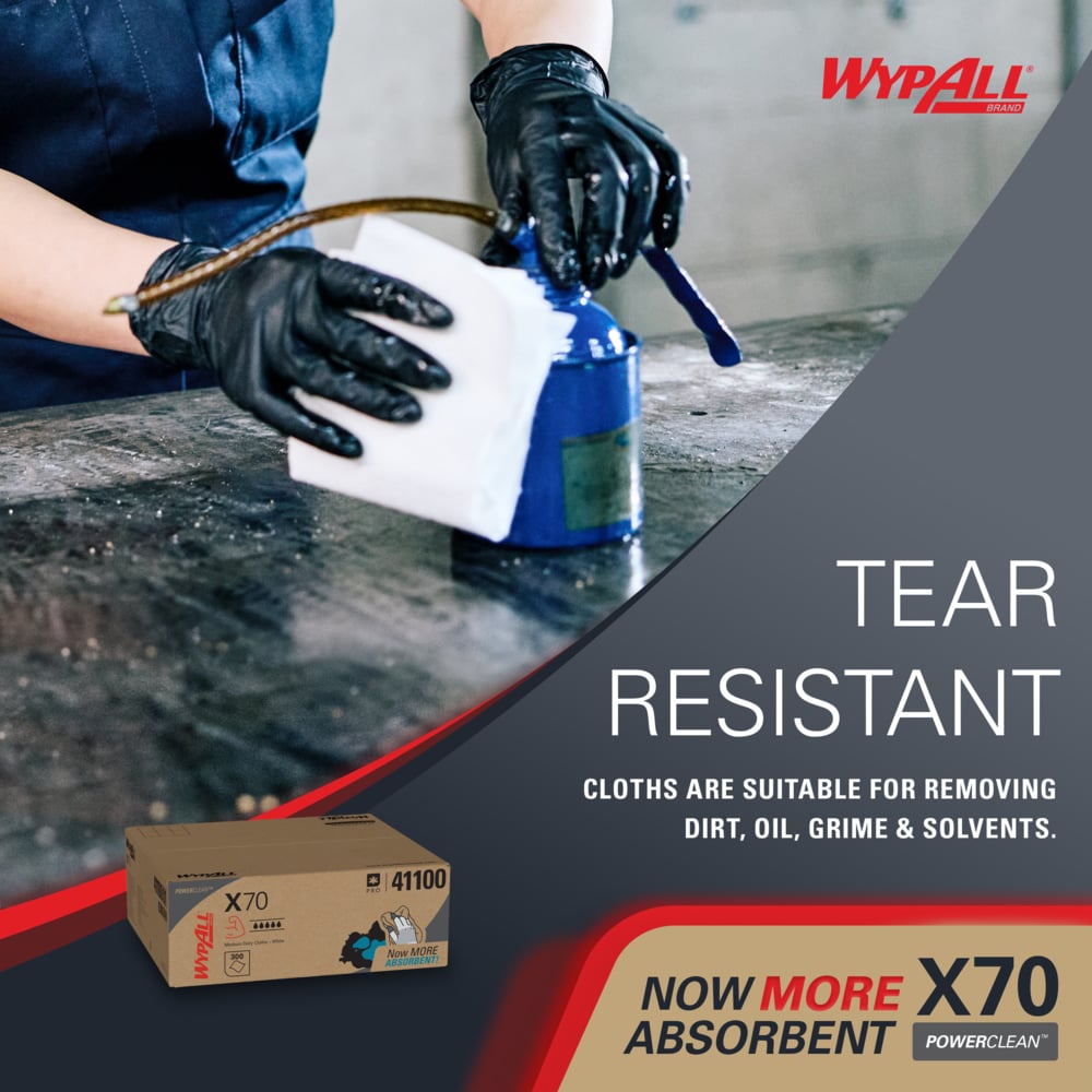 WypAll® PowerClean™ X70 Medium Duty Cloths (41100), Flat Sheets, Long Lasting Towels, White (300 Sheets/Box, 1 Box/Case, 300 Sheets/Case) - 41100