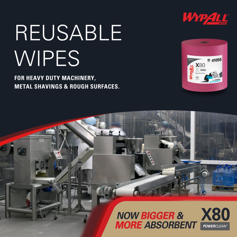 WypAll® PowerClean™ X80 Heavy Duty Cloths (41055), Jumbo Roll, Extended Use Towels, Red (455 Sheets/Roll, 1 Roll/Case, 455 Sheets/Case) - 41055