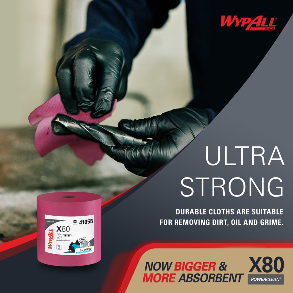 WypAll® PowerClean™ X80 Heavy Duty Cloths (41055), Jumbo Roll, Extended Use Towels, Red (455 Sheets/Roll, 1 Roll/Case, 455 Sheets/Case) - 41055