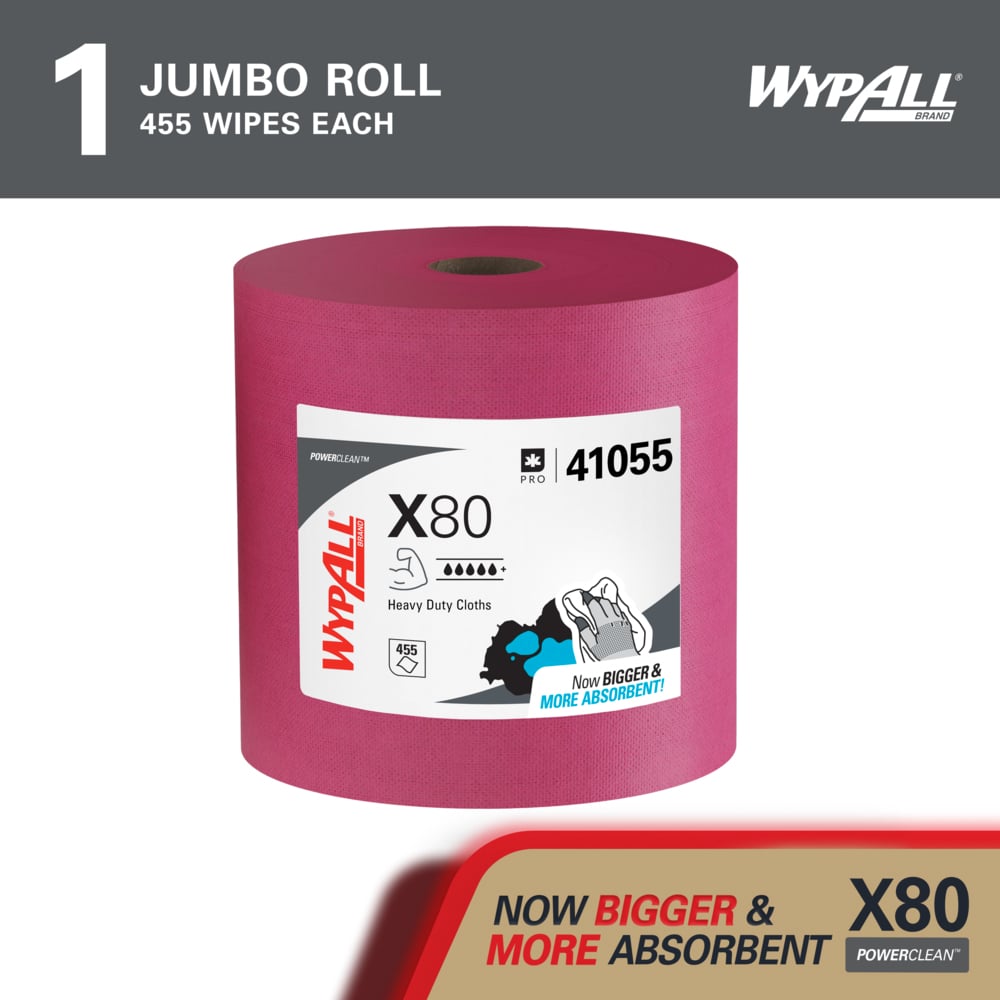 WypAll® PowerClean™ X80 Heavy Duty Cloths (41055), Jumbo Roll, Extended Use Towels, Red (455 Sheets/Roll, 1 Roll/Case, 455 Sheets/Case) - 41055