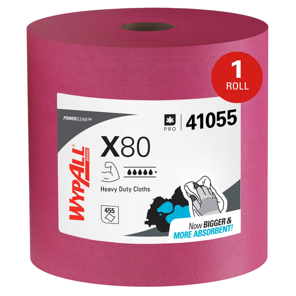 WypAll® PowerClean™ X80 Heavy Duty Cloths (41055), Jumbo Roll, Extended Use Towels, Red (455 Sheets/Roll, 1 Roll/Case, 455 Sheets/Case) - 41055