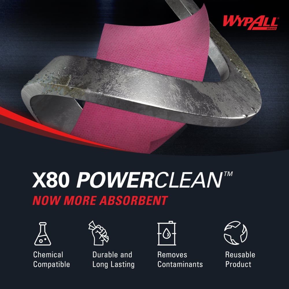 WypAll® PowerClean™ X80 Heavy Duty Cloths (41055), Jumbo Roll, Extended Use Towels, Red (455 Sheets/Roll, 1 Roll/Case, 455 Sheets/Case) - 41055