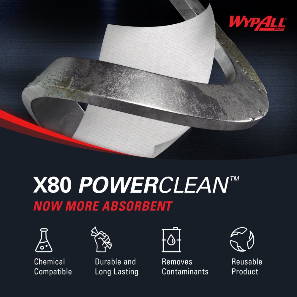 WypAll® PowerClean™ X80 Heavy Duty Cloths (41048), Pop-Up Box™, Extended Use Towels, White (76 Sheets/Box, 5 Boxes/Case, 380 Sheets/Case) - 41048