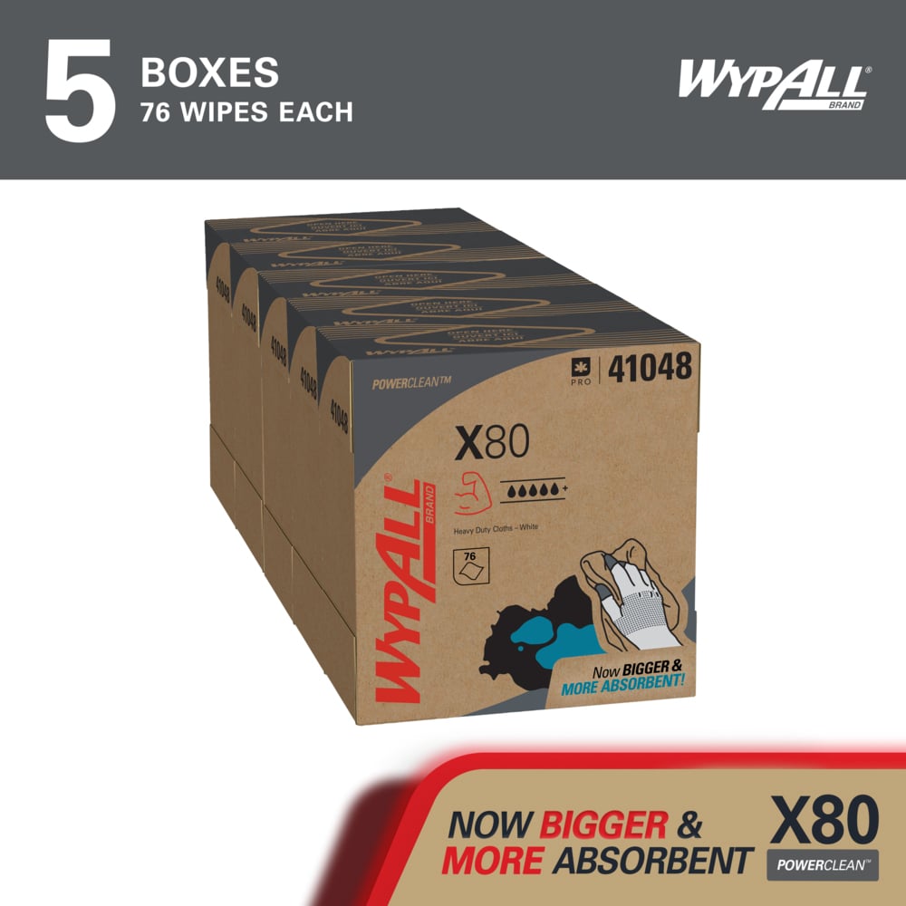 WypAll® PowerClean™ X80 Heavy Duty Cloths (41048), Pop-Up Box™, Extended Use Towels, White (76 Sheets/Box, 5 Boxes/Case, 380 Sheets/Case) - 41048