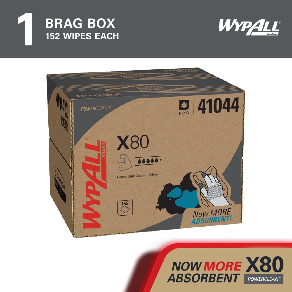 WypAll® PowerClean™ X80 Heavy Duty Cloths (41044), Brag Box, Extended Use Towels, White (152 Sheets/Box, 1 Box/Case, 152 Sheets/Case) - 41044