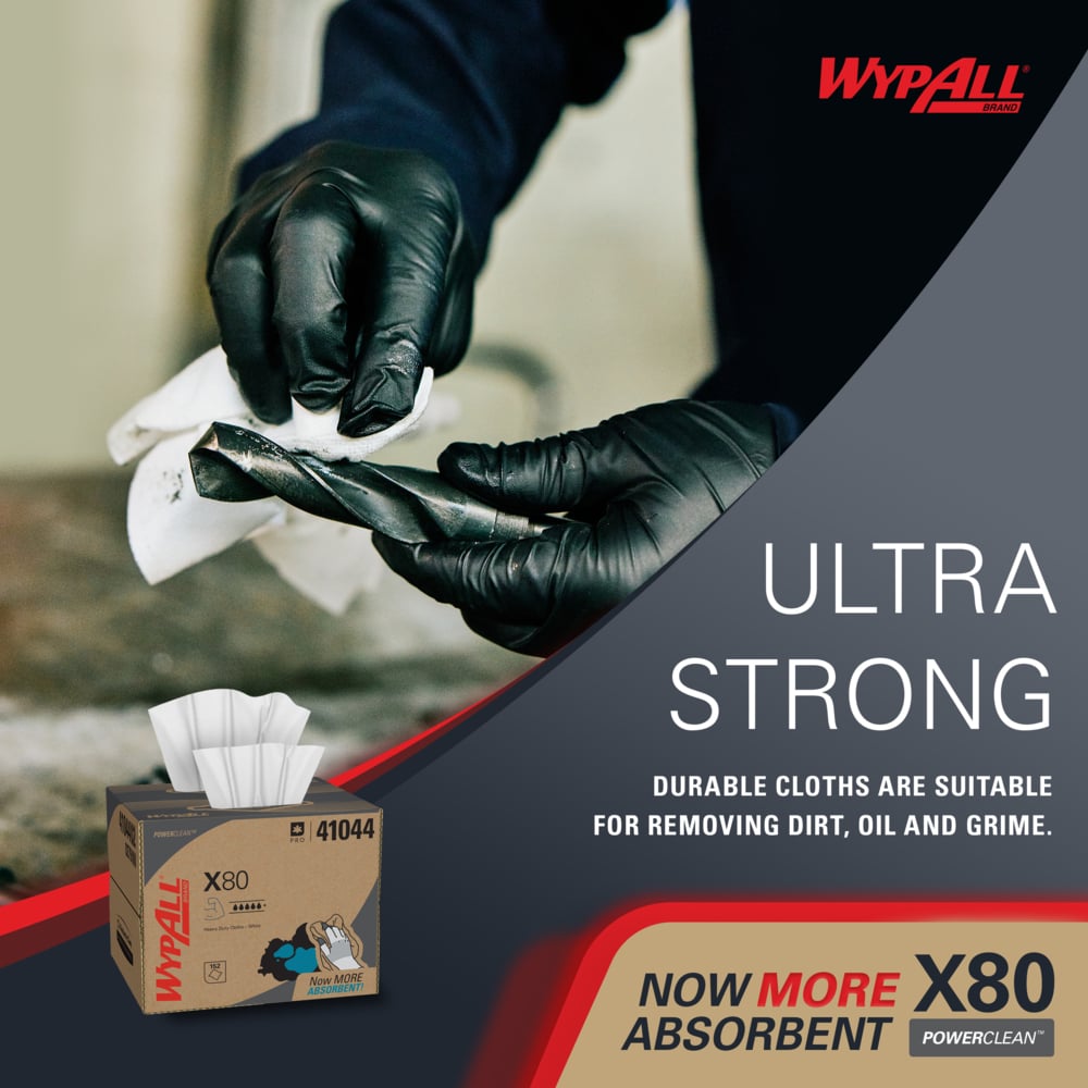 WypAll® PowerClean™ X80 Heavy Duty Cloths (41044), Brag Box, Extended Use Towels, White (152 Sheets/Box, 1 Box/Case, 152 Sheets/Case) - 41044